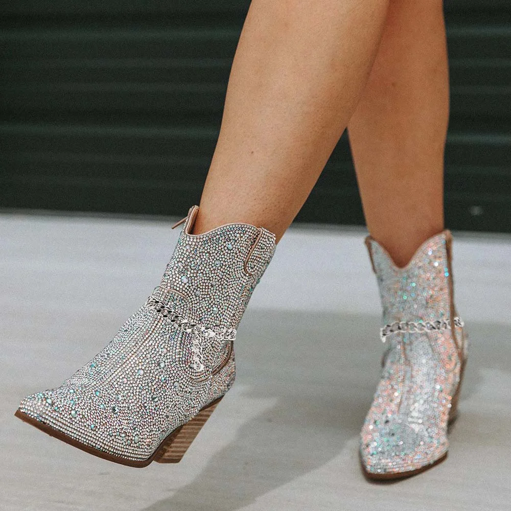 Silver Glitter Boots With Chain Cone Heel Ankle Boots Nicepairs