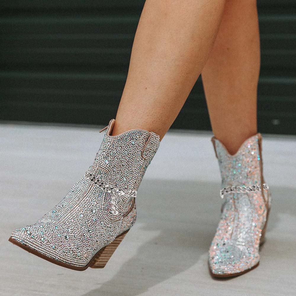 Silver Glitter Boots With Chain Cone Heel Ankle Boots