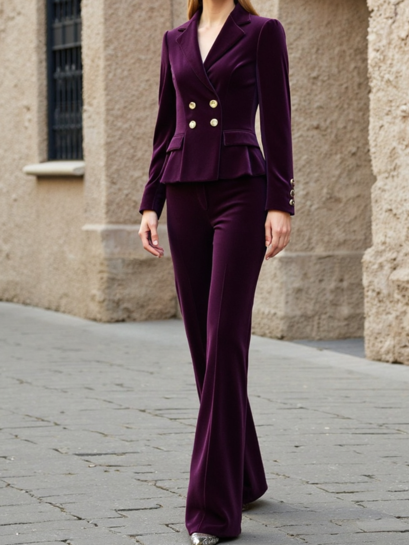 Women‘s Luxury Vintage Dark Purple Double Breasted Blazer & Flared Pants Set - Structured Tailored Two-Piece Suit with Notch Lapel Collar, Golden-Tone Buttons, Solid Color Elegant Office & Formal Outfit for Fall/Winter, Comfortable Flared Pants for