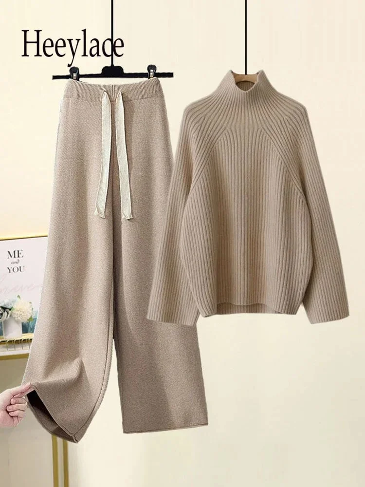 Zingj Winter Warm Knitted Suit Women Long Sleeve Half Turtleneck Knitting Sweater And Wide Leg Pants Sets Outer Wear Loose Set