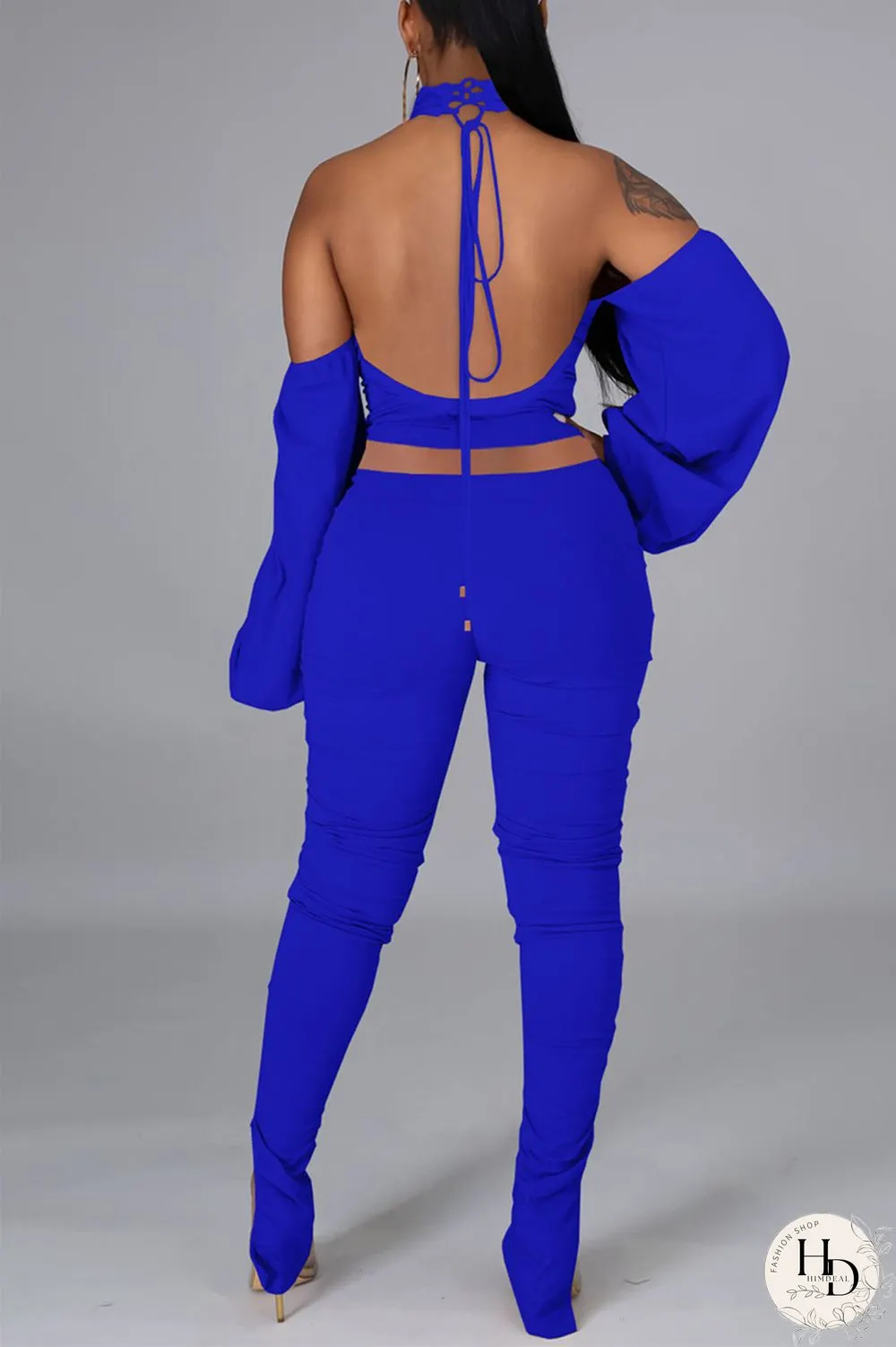 Pink Sexy Solid Bandage Backless Fold Turtleneck Long Sleeve Two Pieces