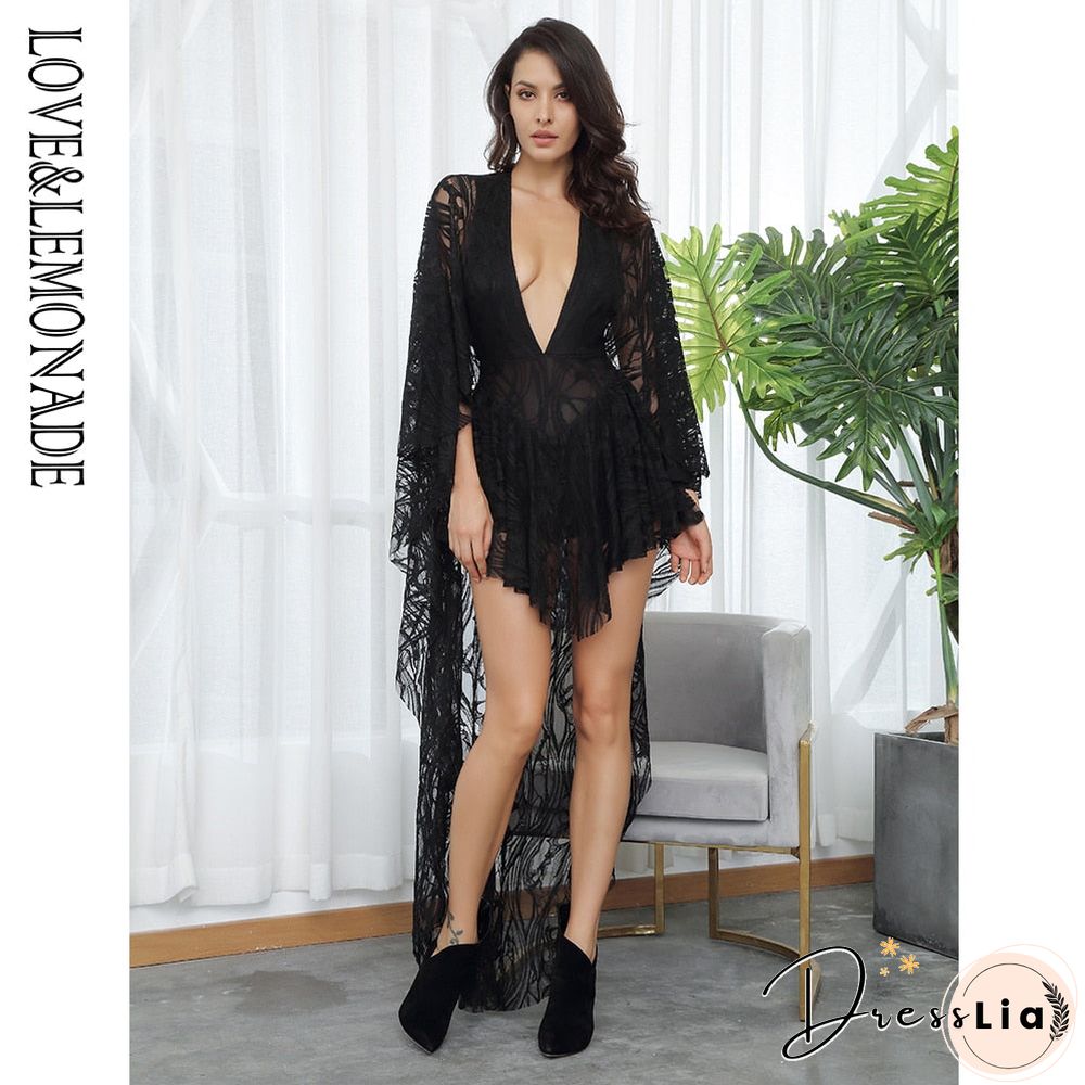 V-Neck Ruffles Open Back Lace Playsuit LM81381-1