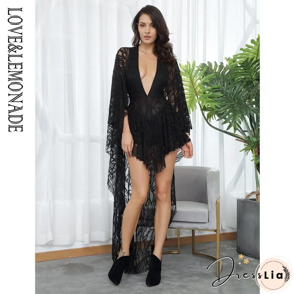 V-Neck Ruffles Open Back Lace Playsuit LM81381-1