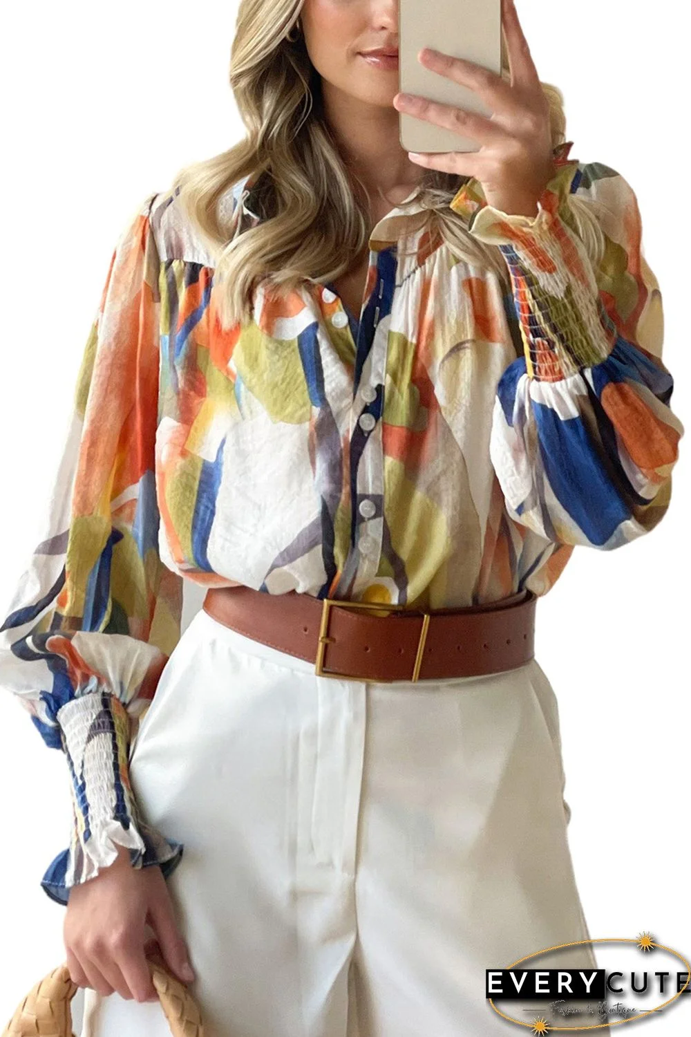 Multicolor Collared Neckline Smocked Cuffs Printed Shirt