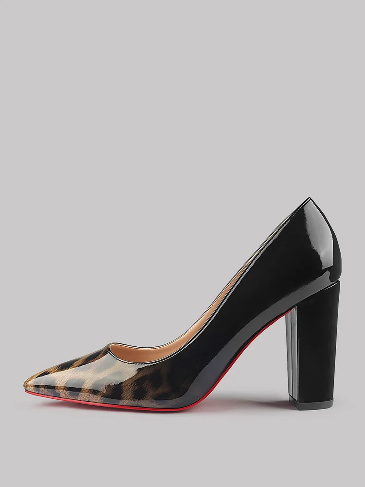 90mm Women Chunky Heels  Leopard Red Bottom Shoes Comfortable Middle Block Heel Patent Pumps