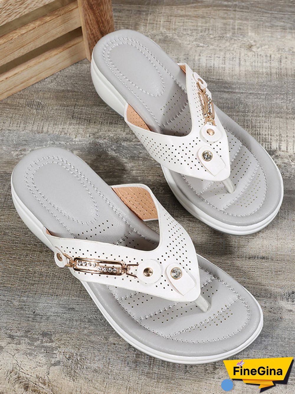 Metal Rhinestone Slope Heel Flip-Flops