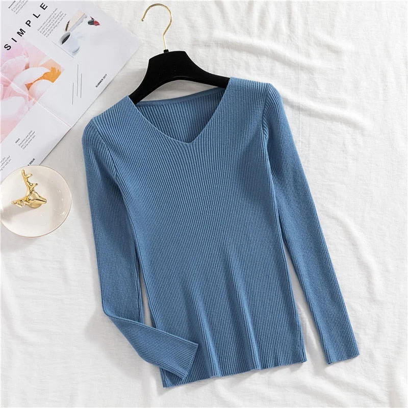 Zoki Sexy V Neck Women Pullover Sweater Fashion Autumn Winter Long Sleeve Knitted Jumper Top Casual Korean Slim Basic Blouse