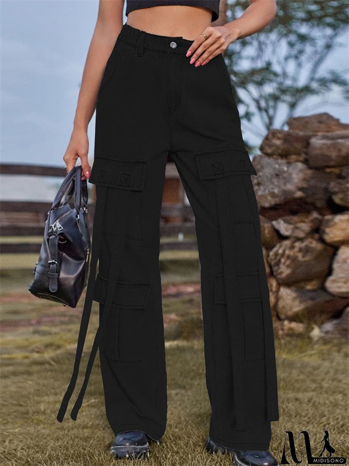 MidiSono - Retro Personality Lady Ribbon Design Denim Trouser