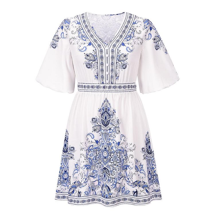 Promsstyle Lantern sleeve V neck elastic waist printing summer mini dress