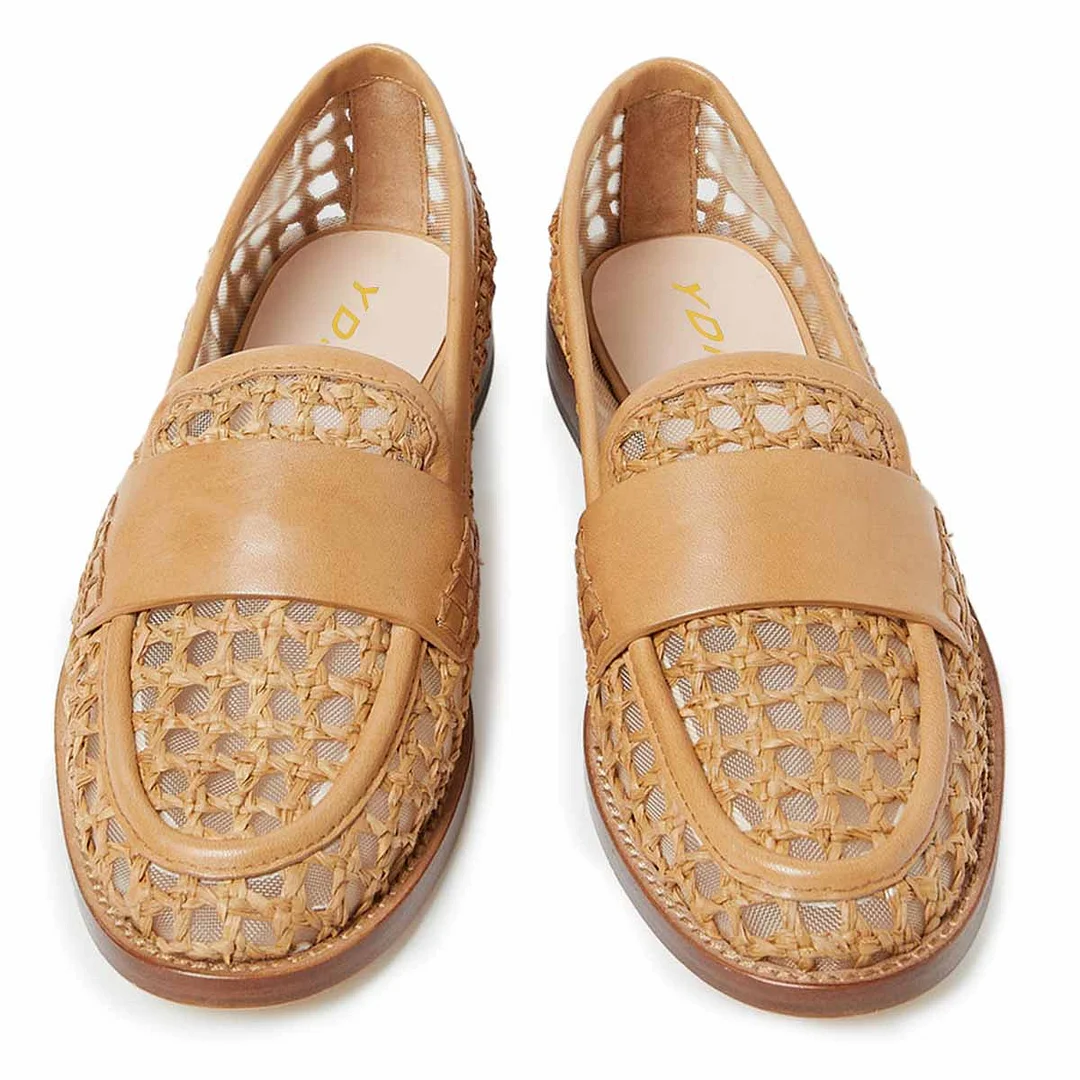 Vegan Leather Round Toe Woven Flat Comfy Loafers in Beige