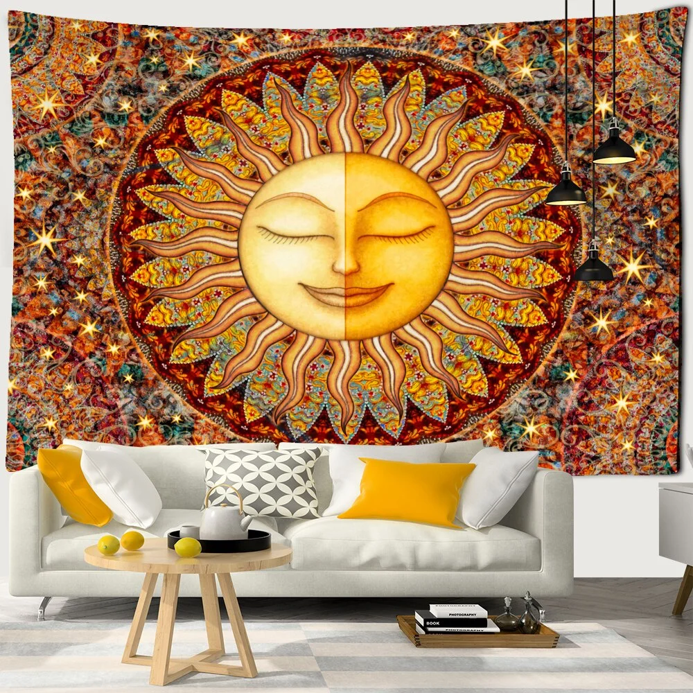 Psychedelic Sun And Moon Tapestry Wall Hanging Ins Style Japanese Relief Painting Bohemia Home Decor