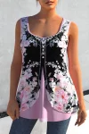 Plus Size Floral Print Decorative Button Faux Two Piece Tank Top