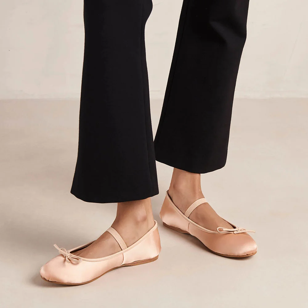 Elegant Pale Pink Satin Round Toe Bow Inlay Comfy Ballet Flats Nicepairs