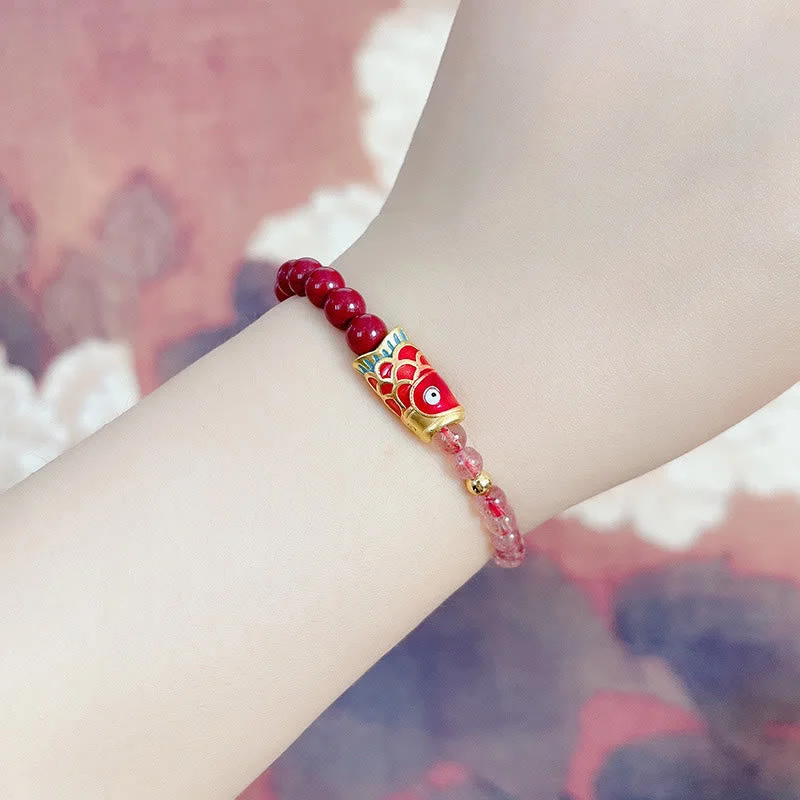 Cinnabar Strawberry Quartz Lucky Koi Fish Healing Bracelet