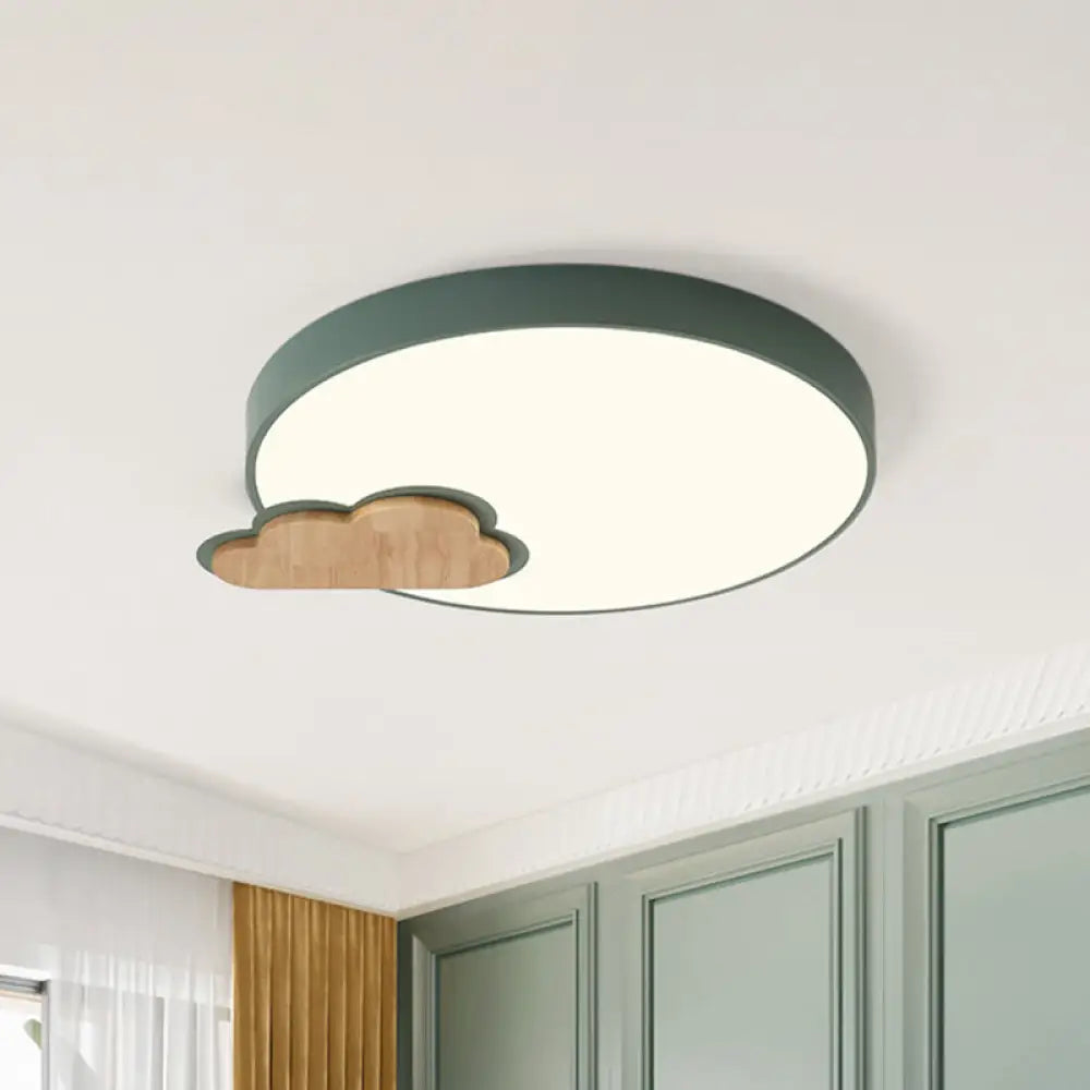 Circle Flush Macaron Led Ceiling Light With Grey/Green Finish And Cloud Wood Detail - White/Warm