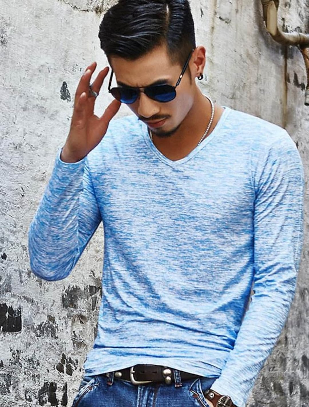 Men's T-Shirt Graphic Solid Colored Print Long Sleeve Daily Slim Tops Basic V Neck Blue Fuchsia Black / Fall / Spring