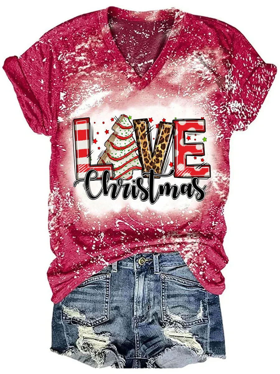 Love Christmas Tree Cake Tie Dye V-neck T-shirt