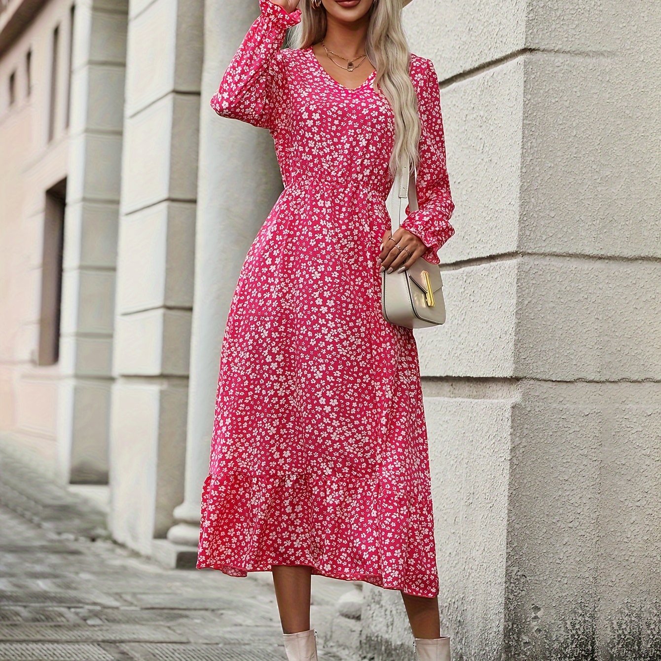 Floral Print V Neck Dress, Elegant Long Sleeve Midi Dress, Women's Clothing