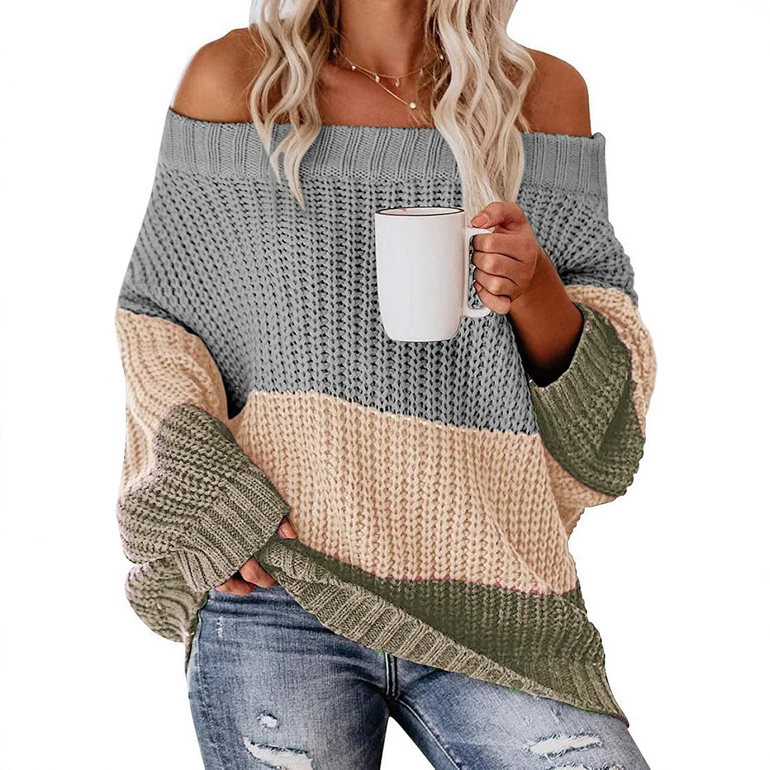 Wongn Wongn And Winter Women's One Word Collar Loose Splicing Color Knit Jumper Sweater Women