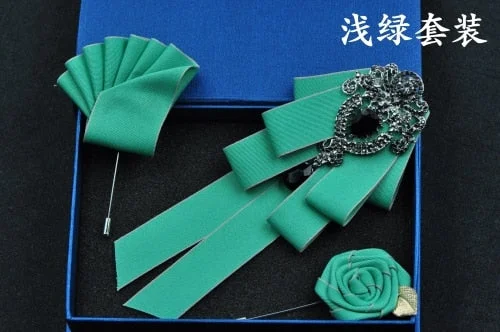 High-quality Fashion Handmade Red Diamond Bow Tie Wedding Collar Bowtie Brooch Pocket Towel Square Set Gifts for Men Accessories