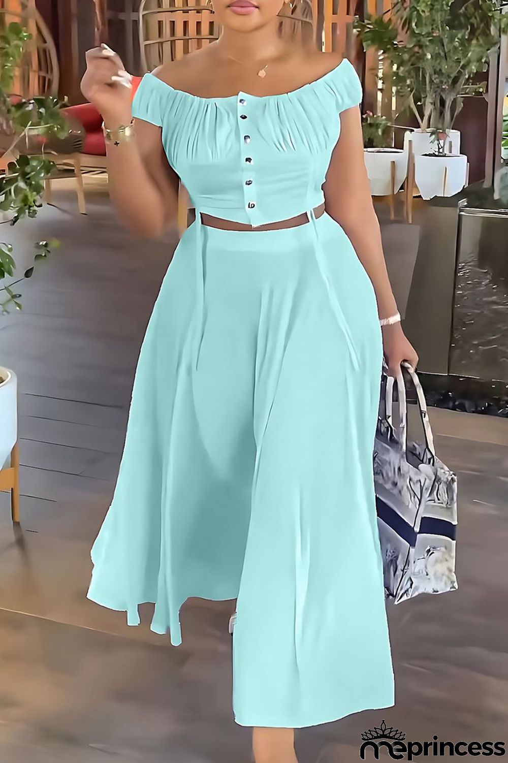 Blue Elegant Solid Patchwork Draw String Buckle Off the Shoulder Short Sleeve Two Pieces