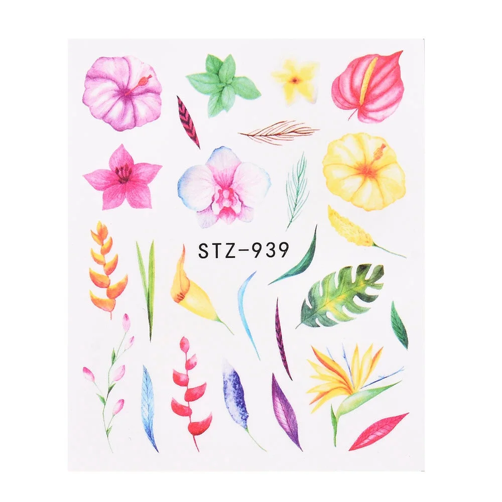 Coloful Flower Leaf 3D Stickers on Nails Decoration Tattoo Water Decals Nail Sticker UV Gel Slider Manicure Wraps-Nail Inspo