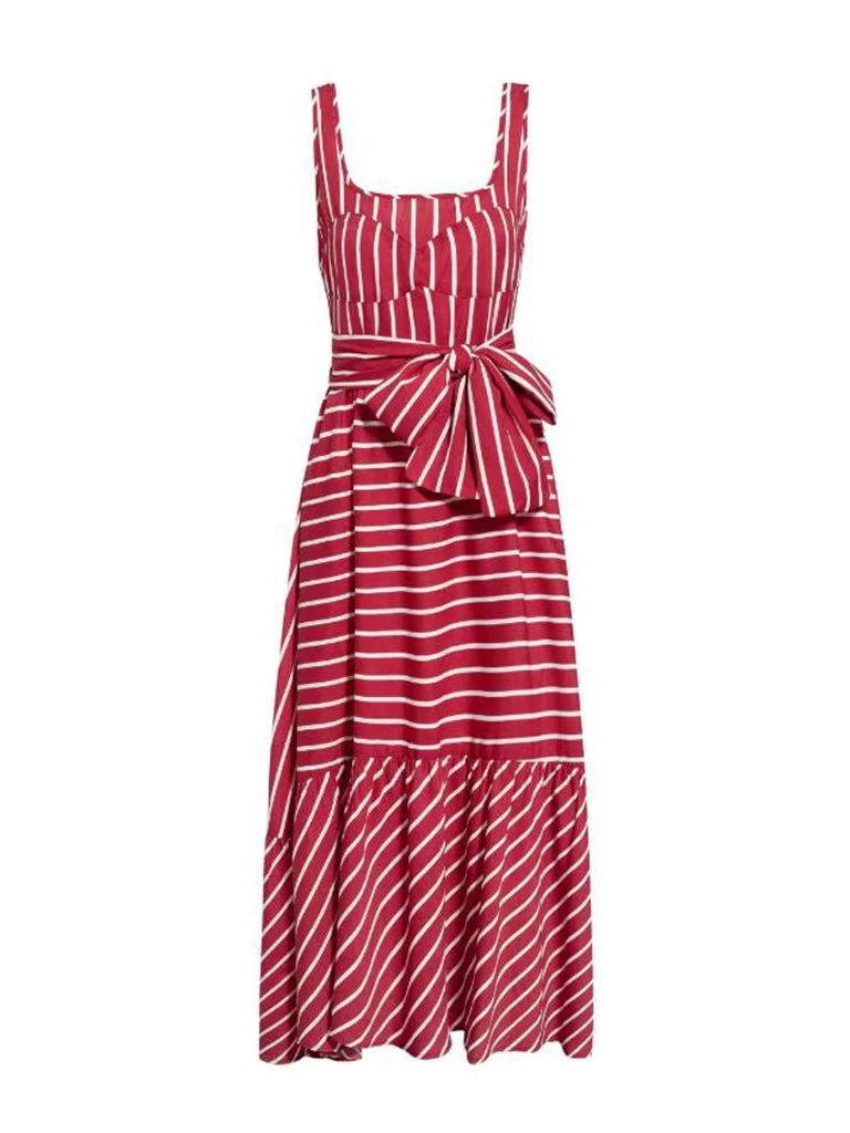 Vintage Striped Dress Sleeveless Sashes Holiday Long Dress