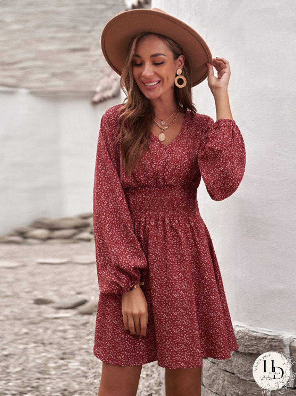 Temperament Commuter V-neck Long Sleeve Short Dress