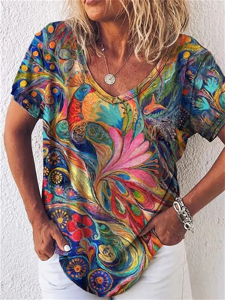 Summer Explosion Loose-fitting Type Flower Mang Print Comfortable Casual Short-sleeved V-neck Casual Wind T-shirt Women-Cosfine