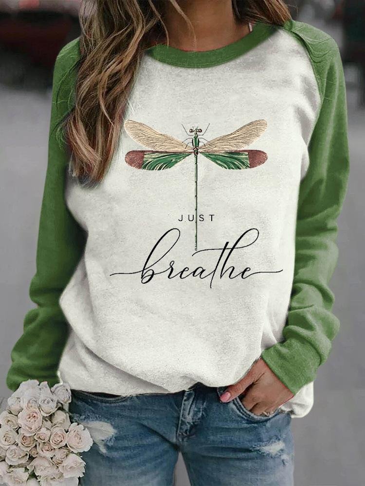 Dragonfly Print Round Neck Raglan Long Sleeve Sweatshirt-Mayoulove