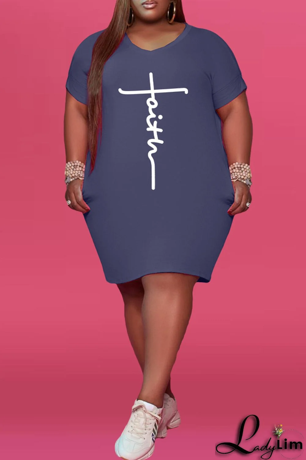 Black Fashion Casual Print Basic V Neck Short Sleeve Dress