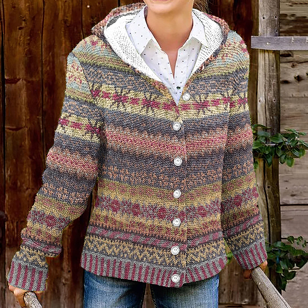 Ethnic Print Retro Hooded Button Knit Cardigan