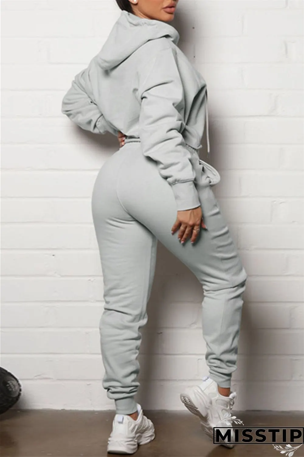 Grey Fashion Casual Solid Basic Hooded Collar Long Sleeve Two Pieces
