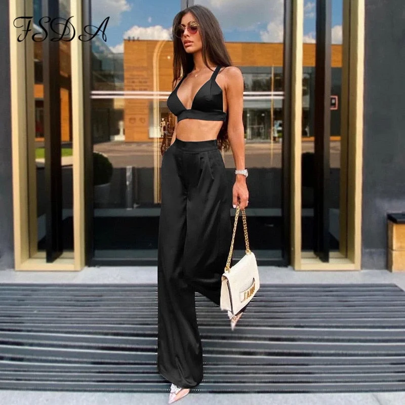 FSDA 2021 Summer Autumn Satin Two Piece Set Sleeveless Crop Top And Pants Long Women Outfits Tracksuit Elegant Green Outfits
