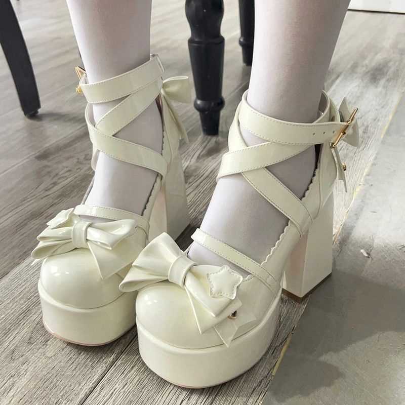 Thepearlpad Women's Lolita High Heels Chunky Heel Sandals Mary Jane PU Leather Shoes Retro Thick Sole Party Bowknot Summer