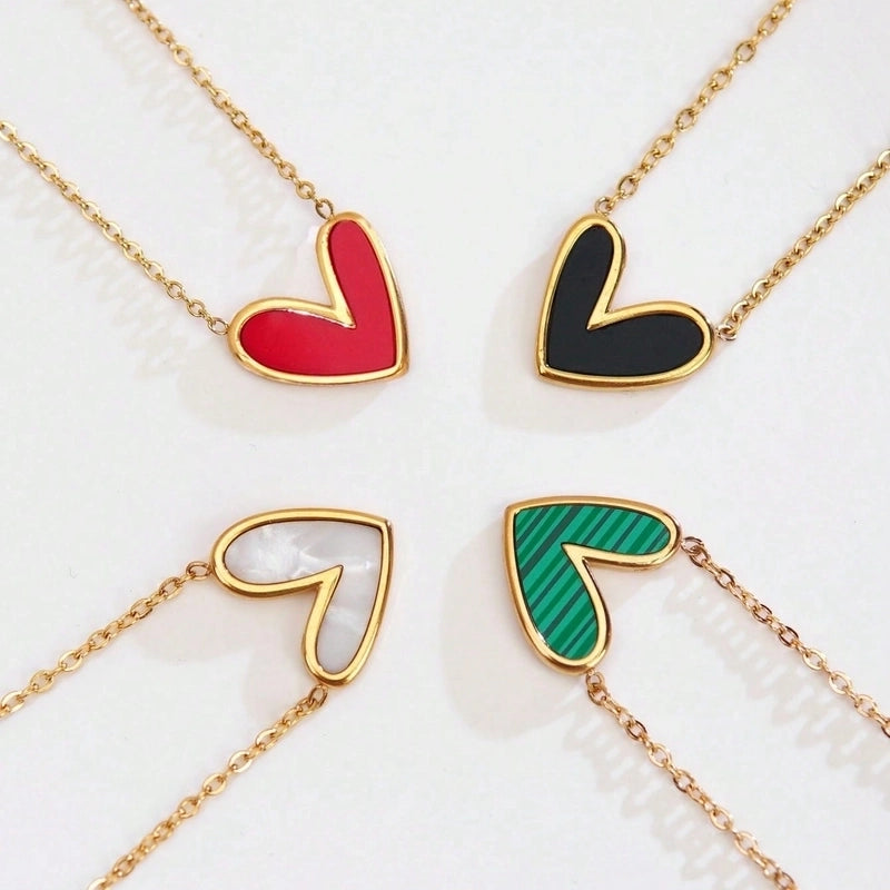 Cute Sweet Asymmetrical Heart Shape 304 Stainless Steel Acrylic 18K Gold Plated Inlay Pendant Necklace