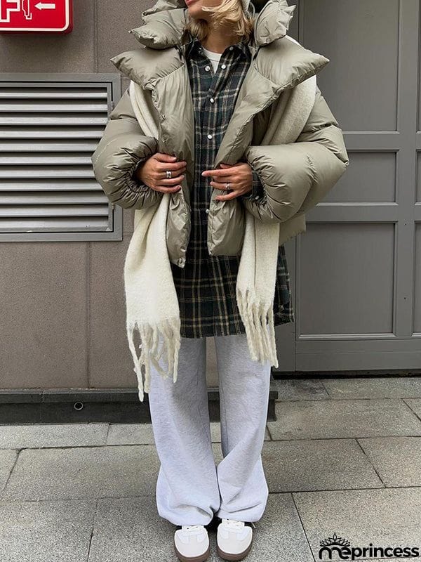 Long Sleeves Loose Solid Color Split-Joint Hooded Padded Coat