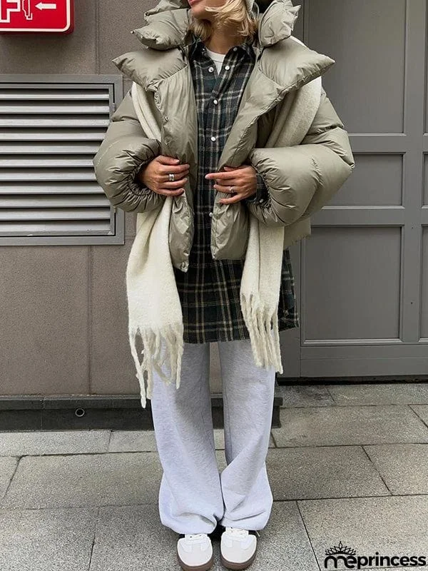 Long Sleeves Loose Solid Color Split-Joint Hooded Padded Coat