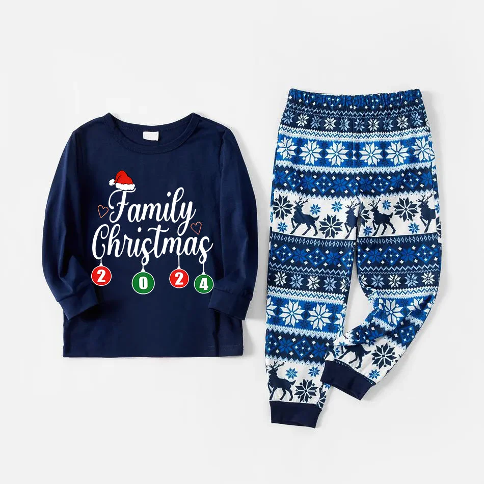 "Family Christmas" 2024 Letter Print Blue Family Matching Pajamas With Dog bandana