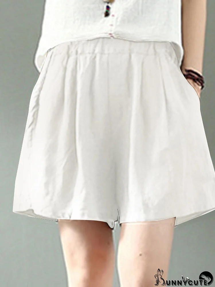 Cotton Solid Pocket Elastic Waist Casual Shorts