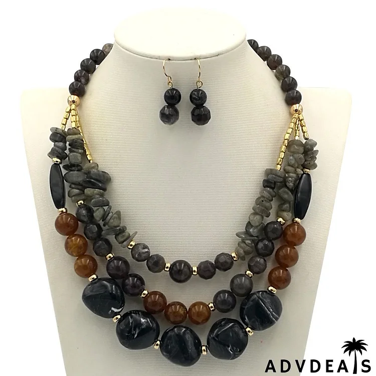 Women Fashion Exaggerated Color Beaded Multi-Layer Necklace Earrings Set