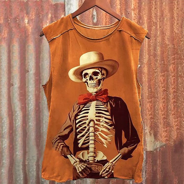 Comstylish Men's Halloween Vintage Ghost Skull Western Cowboy Art Print Vest