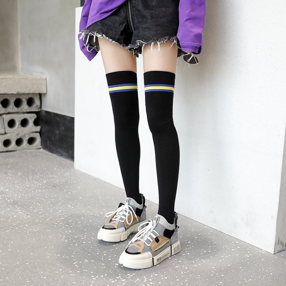 Three bars Non-slip silicone Black Thigh High Socks