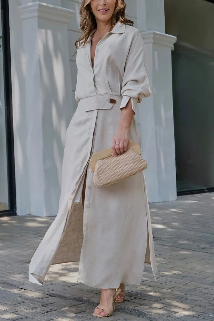 Women Cotton and linen solid color maxi dress