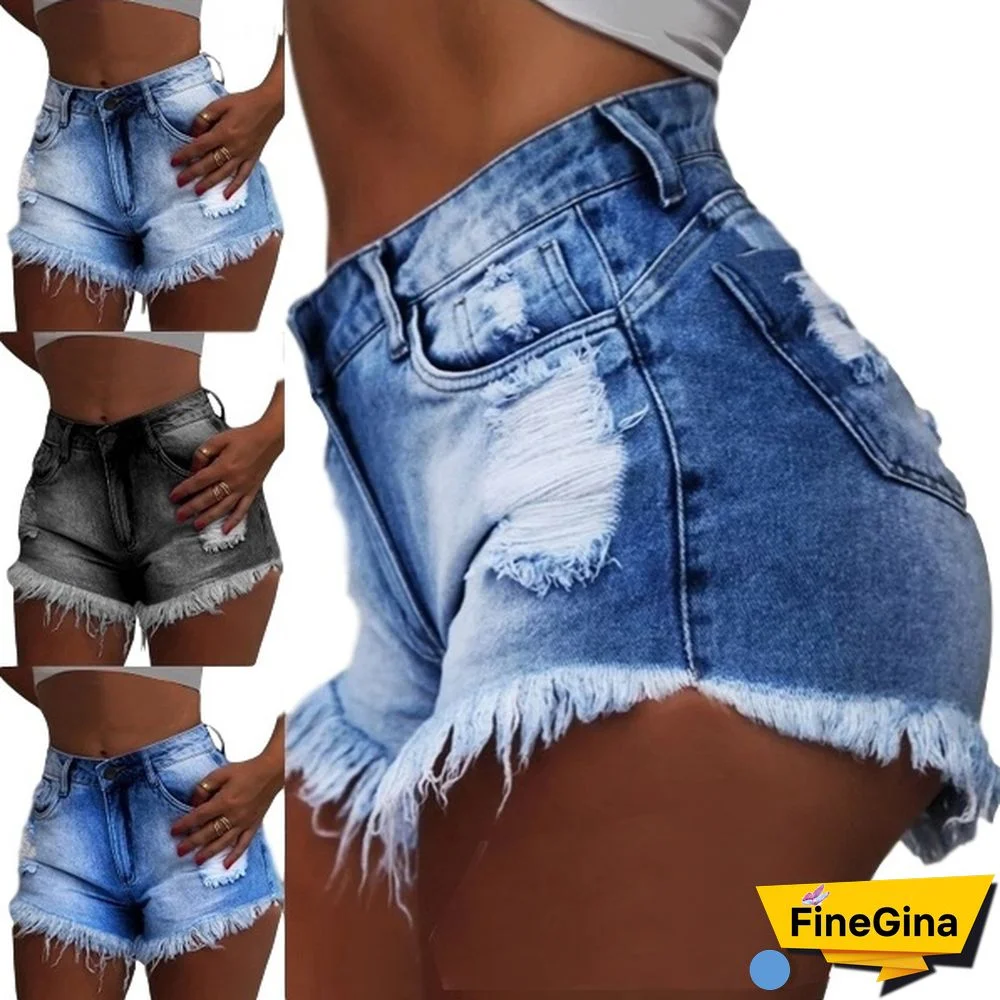 Women Washed Denim Girls Casual High Waisted Short Mini Jeans Ripped Jeans Shorts Hot Pants Washed Denim Short