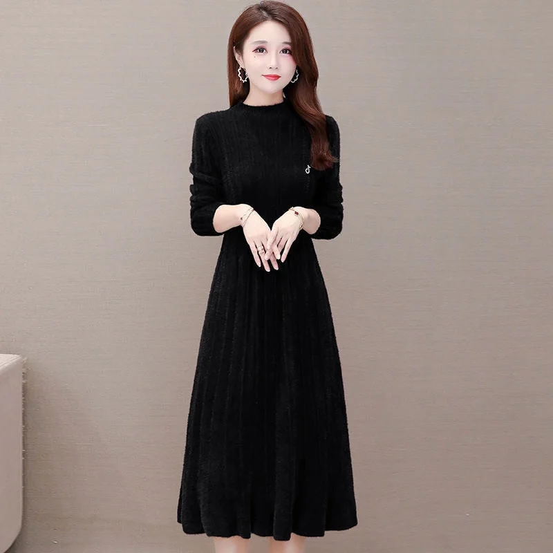 Office Lady Mink Cashmere Dress Long Women's Autumn Winter 2021 New Fashion Temperament Slim Waist Foreign Style Fur Skirt Dress