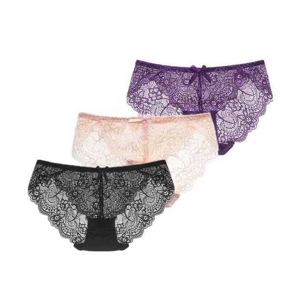 3Pcs/Lot Sexy Lace Underwear Women Transparent Low Waist Panties Cotton Crotch Briefs for Girls Breathable Seamless Lingeries