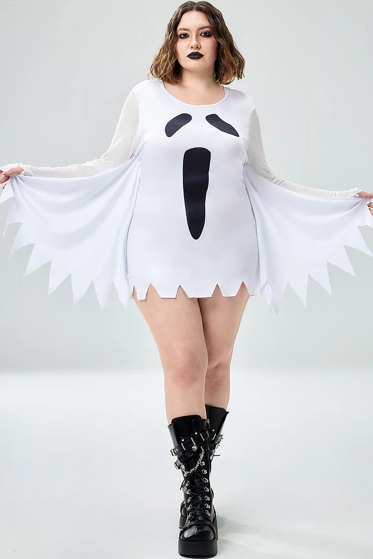 Xpluswear Design Plus Size Casual Halloween Costume White Ghost Knitted Mini Dress