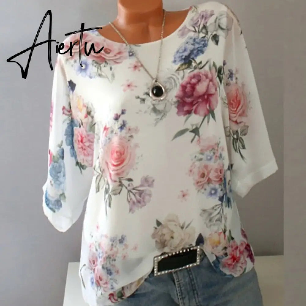 Summer Floral Print Women Blouse 5XL Plus Size Chiffon Blouses Half Sleeve Beach Shirt Office Work Shirts Blusas Feminina Tops Aiertu