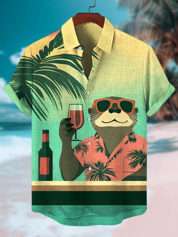 Men's Otter Drinking Red Wine On Vacation Art Print Casual Shirt